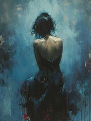 Obraz premium Oil painting, Beautiful girl, with long hairs, stands with her back wearing fantastic crystal dress. AI generated