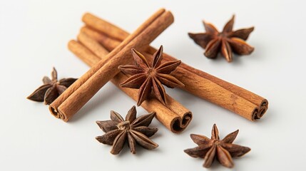 Cinnamon and star anise against a white backdrop