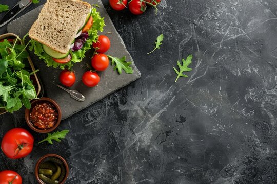 Nutritious lunch box with sandwich and fresh vegetables on stone table, top-down view