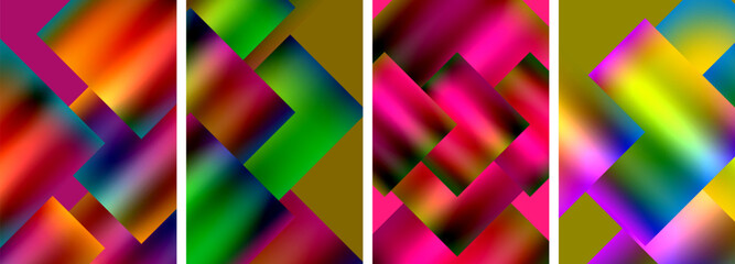 Colorfulness shines through in four vibrant abstract backgrounds featuring a variety of rectangles and triangles in shades of purple, violet, magenta, and more, creating a captivating pattern