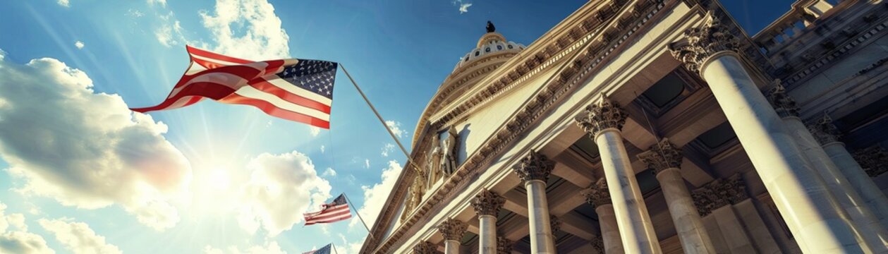 Capitol building with flags, clear sky, low angle, patriotic digital render , photographic style