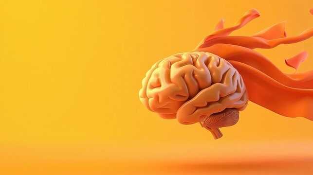 Cartoonstyle 3D brain with superhero cape, flying against a vibrant yellow and orange gradient background , 3D render