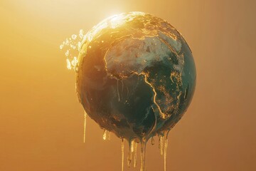 Earth melting like ice cream under the sun, with dripping continents, portraying global warmings threat , 8K render - obrazy, fototapety, plakaty