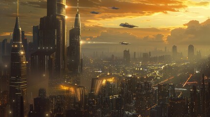 An innovative concept design for a futuristic cityscape, featuring sleek skyscrapers, flying vehicles, and advanced infrastructure inspired by science fiction.