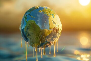 Earth melting like ice cream under the sun, with dripping continents, portraying global warmings threat , 8K render