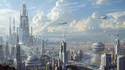 An innovative concept design for a futuristic cityscape, featuring sleek skyscrapers, flying...