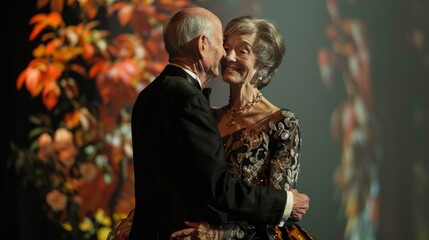 Elderly couple in sophisticated evening wear, sharing a moment on the catwalk