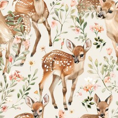 Newborn fawns and spring blooms, tender watercolor, seamless pattern, fresh greens and soft pinks, new beginnings, delicate life. Seamless Pattern, Fabric Pattern, Tumbler Wrap, Mug Wrap.