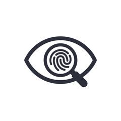 Magnifier with eye outline icon. Find icon, investigate concept symbol. Magnifying glass identification icon. Finger Print Search icon
