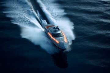 Aerial view of luxury speedboat floating on the sea - obrazy, fototapety, plakaty