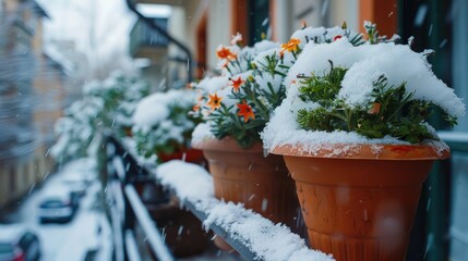 Snow covered plastic flower pots on the balcony