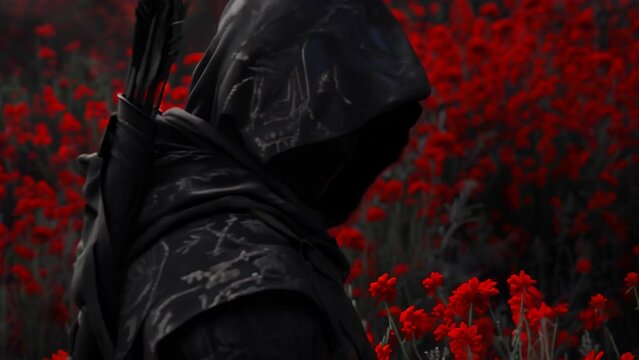 Shrouded in a black robe, standing amidst a sea of red leaves and plants. The dark, ominous surroundings create an eerie, mysterious atmosphere. 