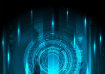 Glowing blue abstract futuristic technology background with arrows and HUD shape. Vector graphic design