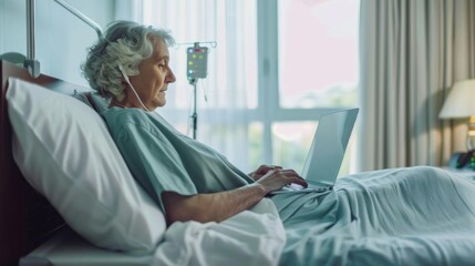 A patient in a hospital bed using a laptop to communicate with loved ones. - Powered by Adobe