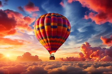 Obraz premium Hot air balloon in the sky at sunset, beautiful landscape
