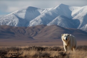 A polar bear stands in the desert, looking out over the mountains