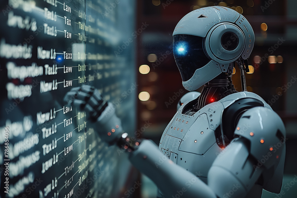 Poster a robot is looking at a computer screen with a lot of numbers and letters on it