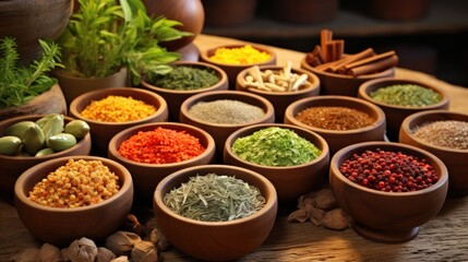 A bounty of herbs and spices arranged in wooden bowls and loose on a wood background