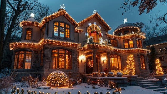 Beautiful stone and brick home with lights on at night in winter, luxury mansion exterior. Created with Ai