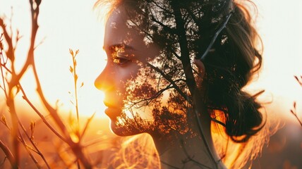 The closeup double exposure picture between young adult beautiful female caucasian human and bright beautiful nature in the morning or evening that the picture stand for peaceful of the life. AIGX01. - obrazy, fototapety, plakaty