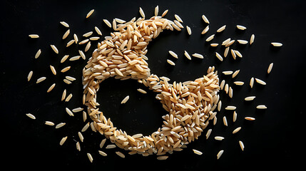 Brown rice made a Yin yang composition isolated over the black background .generative ai