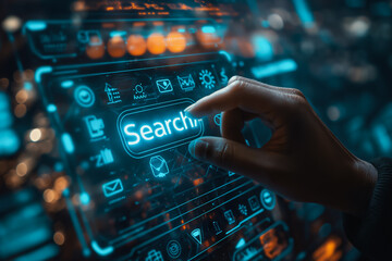 A hand is pointing to a search button on a computer screen