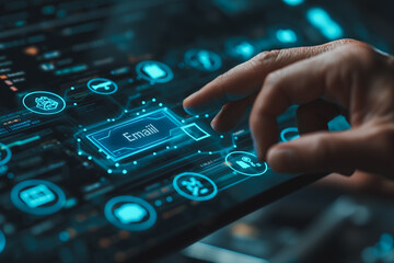 A person is touching a screen with a blue background and a green email icon