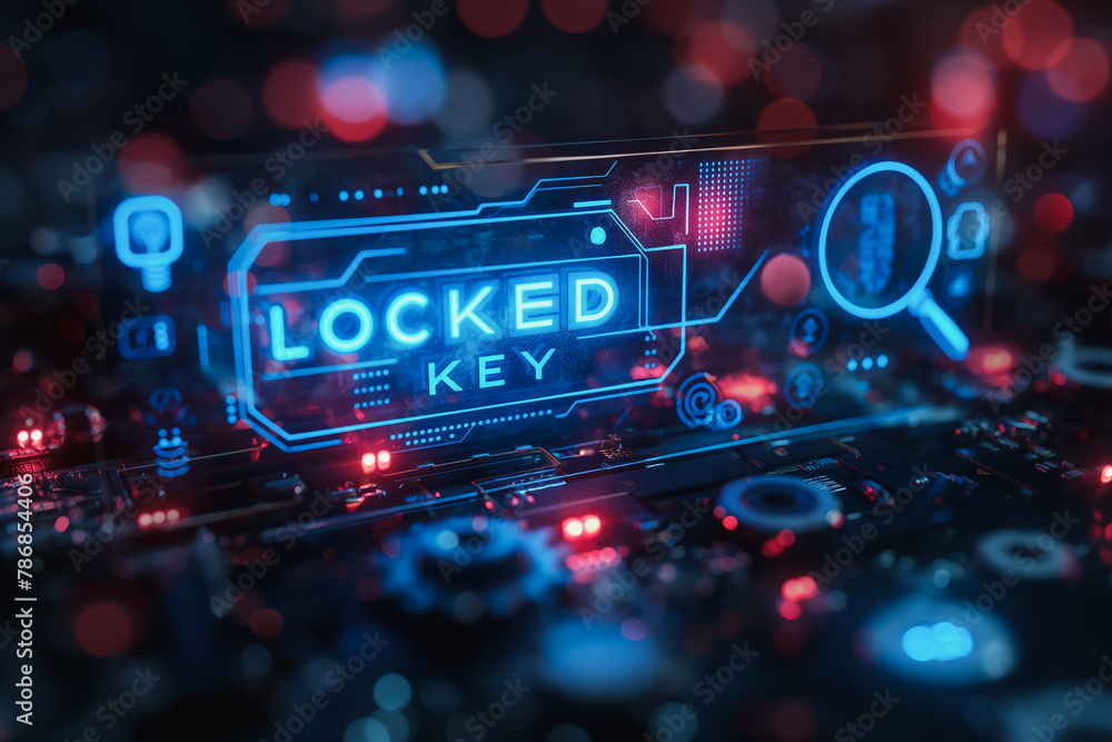 Poster a blue and red image of a key with the word 