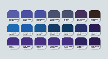 Indigo Color Guide Palette with Color Names. Catalog Samples Purple with RGB HEX codes and Names. Metal Colors Palette Vector, Wood and Plastic Indigo Color Palette, Fashion Trend Purple Color Palette