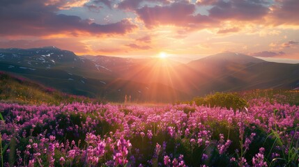 Beautiful panorama rural landscape with sunrise and blossoming meadow. purple flowers flowering on spring field - obrazy, fototapety, plakaty