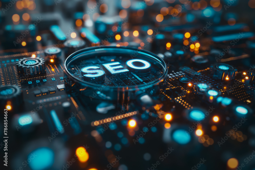 Poster a close up of a computer chip with the word seo on it