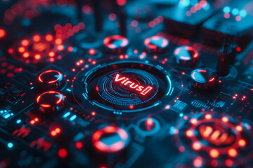A computer chip with a red and blue virus symbol on it