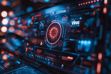 Obraz premium A computer monitor displays a virus on a red background