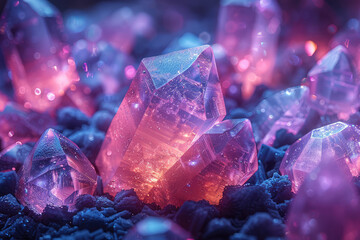 A photograph of glowing crystals in an environment with dark purple and pink lighting. Created with Ai - obrazy, fototapety, plakaty