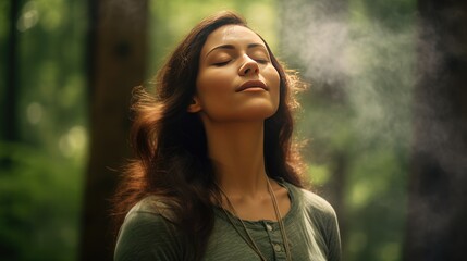  a relaxed woman breathing fresh air in a green forest. Young woman breathing pure air in a forest