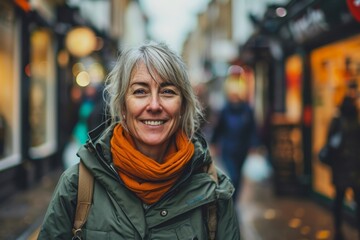 Mature beautiful tourist woman traveling in London, UK. Portrait of a happy middle-aged woman in...