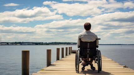 young man's wheelchair is parked at the tourist pier, his back facing the clean sea,