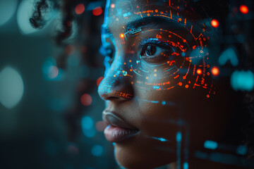 A woman's face is projected onto a screen with a lot of glowing dots