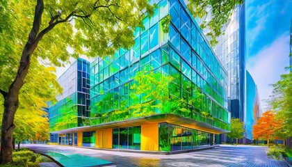 Wallpaper Sustainable glass office building with tree for reducing heat and carbon dioxide. Office building with green environment - obrazy, fototapety, plakaty