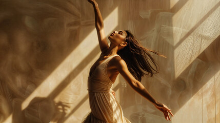 Dancer in the beige studio. Contemporary dance and choreography. Movement to music