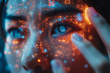 A woman's face is projected onto a screen with a blue eye and orange background