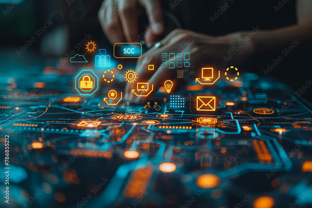 Poster a person is typing on a computer keyboard with a lot of icons on the screen