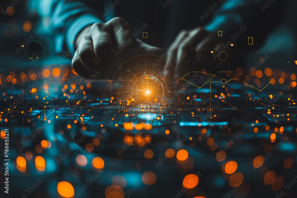 Poster a person is typing on a computer keyboard with a glowing light on the screen