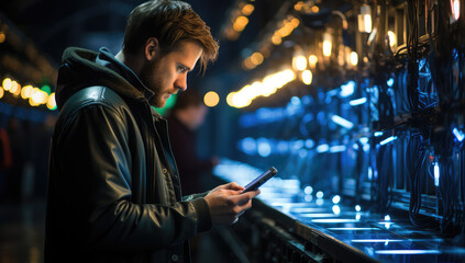  A young man in a black hoodie and glasses is working on his tablet near the server rack, surrounded by glowing blue data streams. Created with Ai