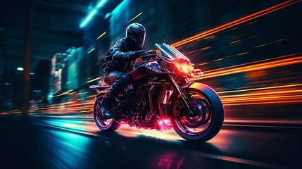 Obraz premium Motorcyclist riding a motorcycle with neon lights on a dark background
