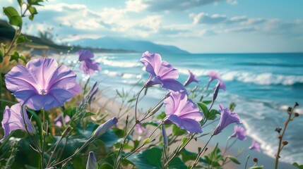 Blooming Ipomoea asarifolia flowers by the shore