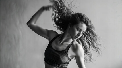 Closeup dancer in the studio. Contemporary dance and choreography. Movement to music. Black and white photo - obrazy, fototapety, plakaty