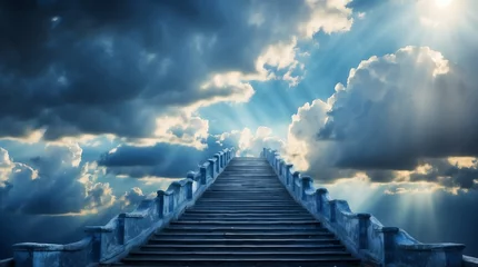Plexiglas foto achterwand long staircase to blue dramatic clouds with sunlight rays fantasy background from Generative AI © SevenThreeSky