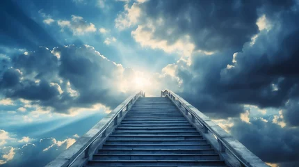 Foto op Canvas long staircase to blue dramatic clouds with sunlight rays fantasy background from Generative AI © SevenThreeSky