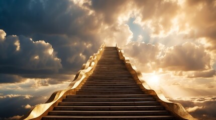 long staircase to gold dramatic clouds with sunlight rays fantasy background from Generative AI - obrazy, fototapety, plakaty